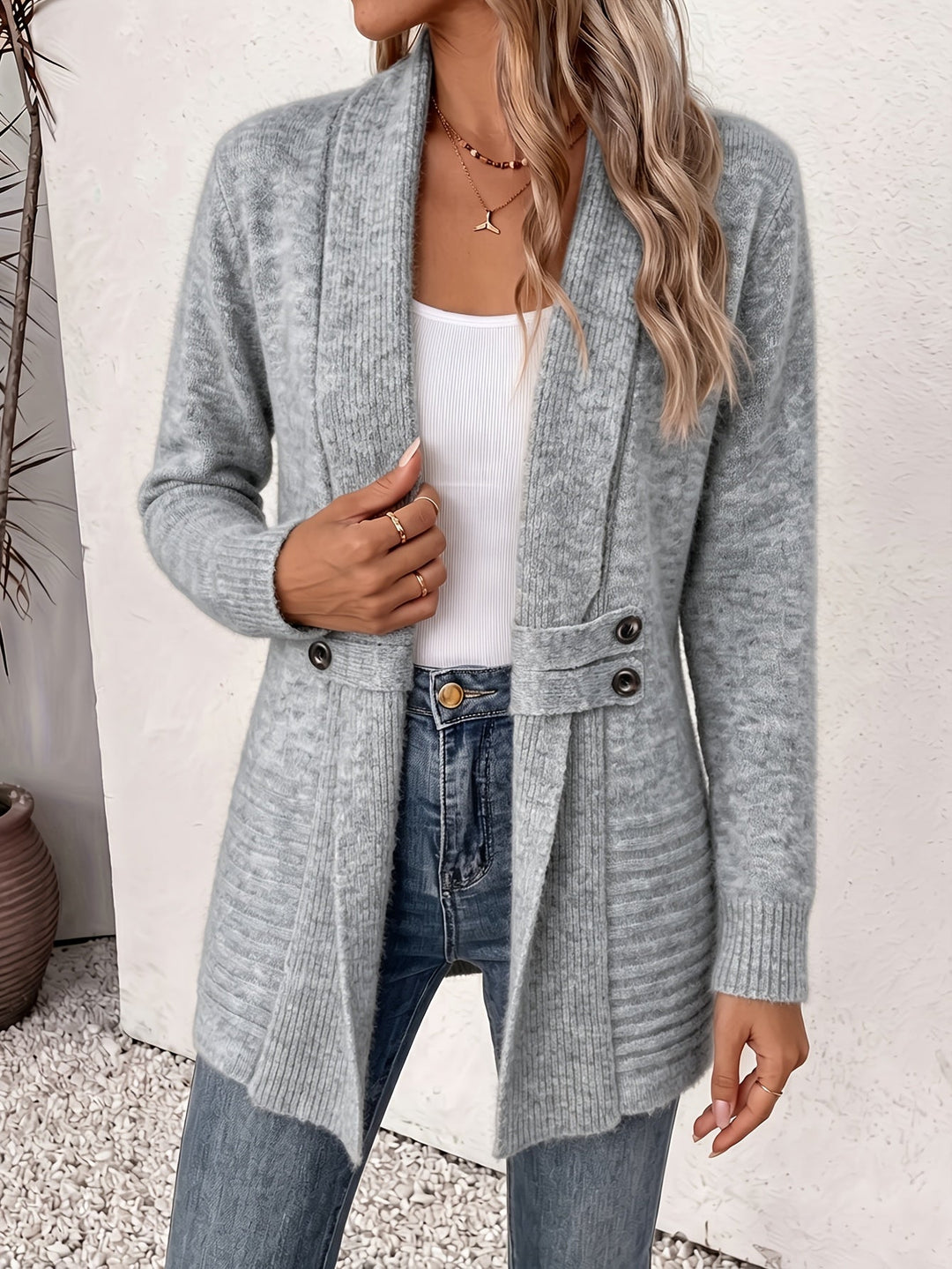 Women's Elegant Open-Front Cardigan with Seamed Waist