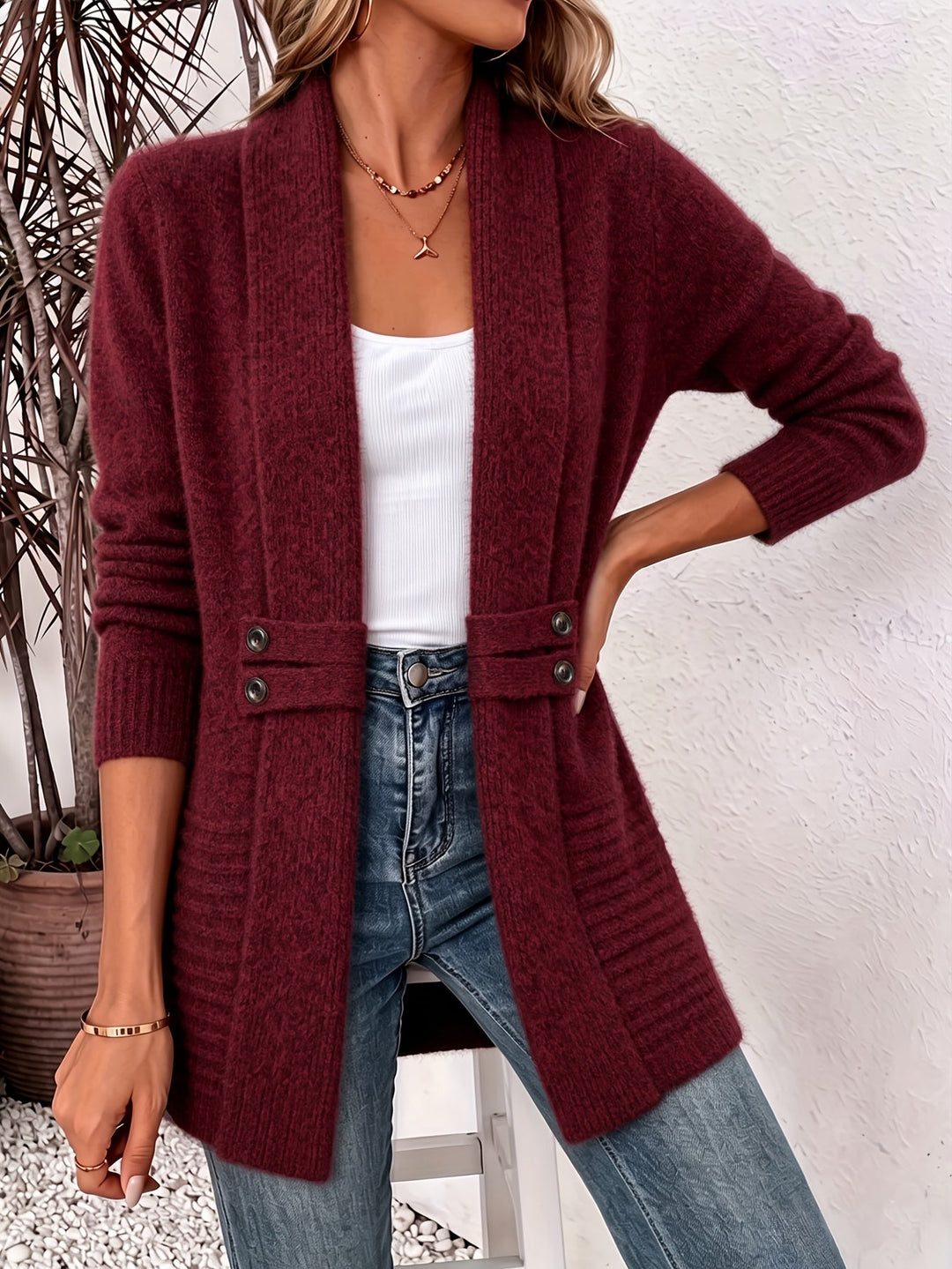 Women's Elegant Open-Front Cardigan with Seamed Waist