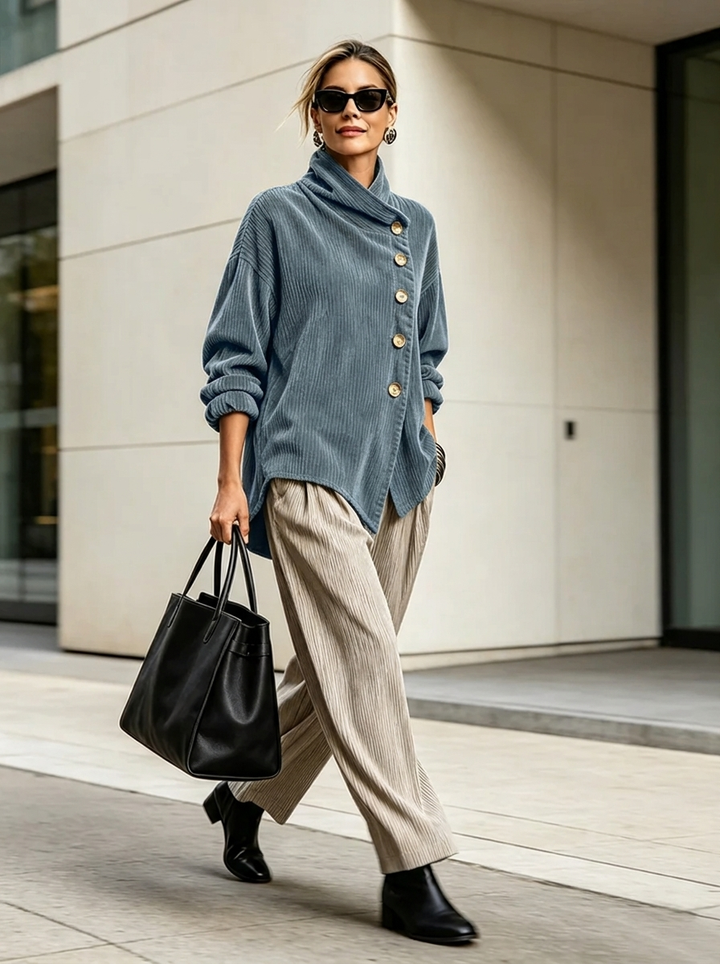 Marlowe | Wrap-Collar Top with Diagonal Button Detail