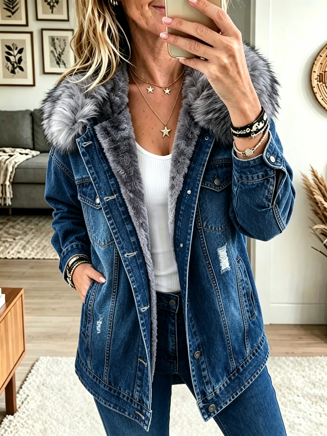Honora | Faux Fur Collar Fleece-Lined Denim Jacket