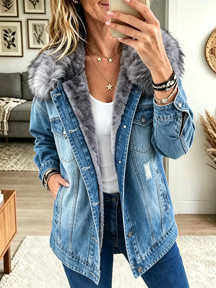 Honora | Faux Fur Collar Fleece-Lined Denim Jacket