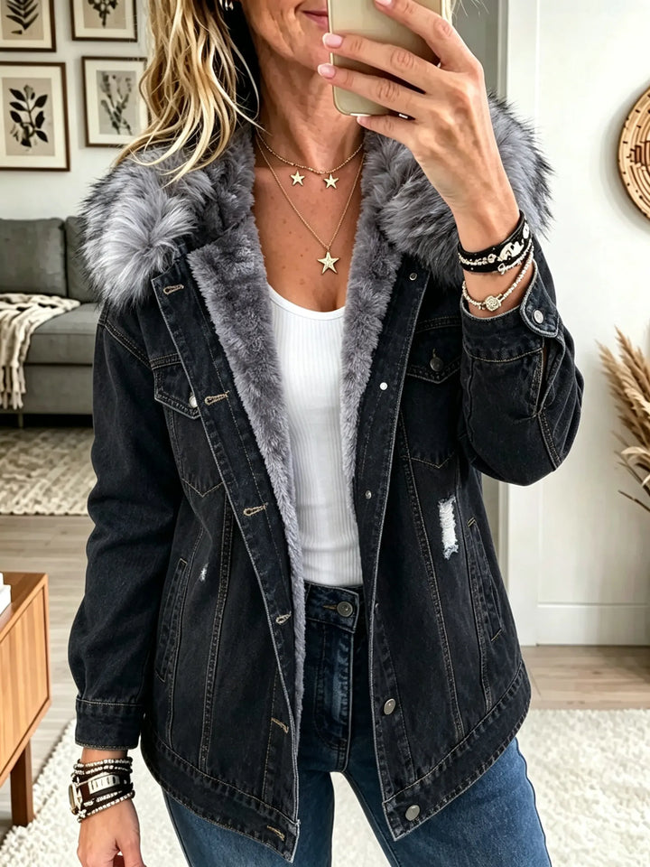 Honora | Faux Fur Collar Fleece-Lined Denim Jacket